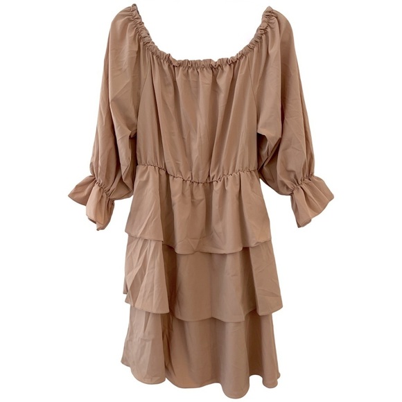 Dresses & Skirts - Khaki Tan Tiered Ruffle Off Shoulder Balloon Sleeves Dress